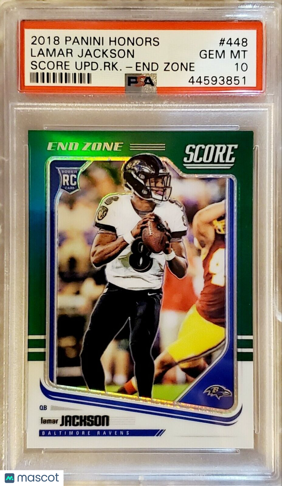 0-watermark-V2_a9c3ba70-bd2f-4547-a347-78f6d851f18b LAMAR JACKSON 2018 HONORS SCORE UPDATE ROOKIE GREEN PRIZM END ZONE #6/6 PSA 10 G - Image 1