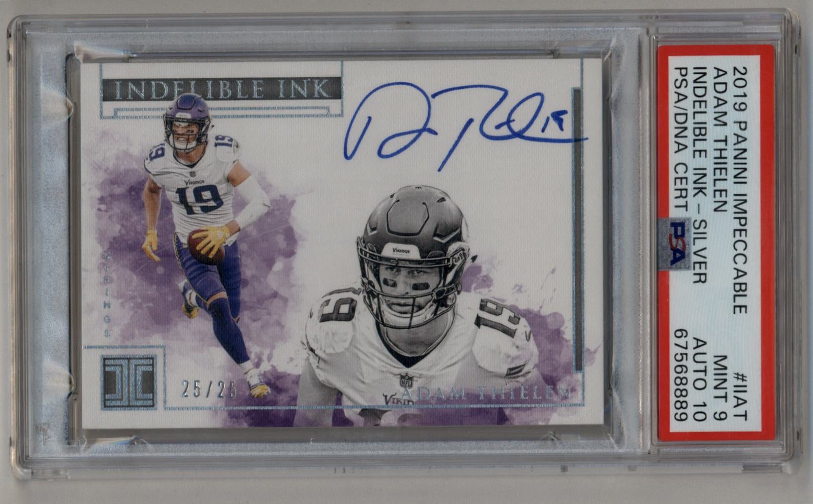 01-31A006-5 Adam Thielen 2019 Imeccable Indelible Ink Silver Auto 25/25 PSA 9 Auto 10 - Image 1