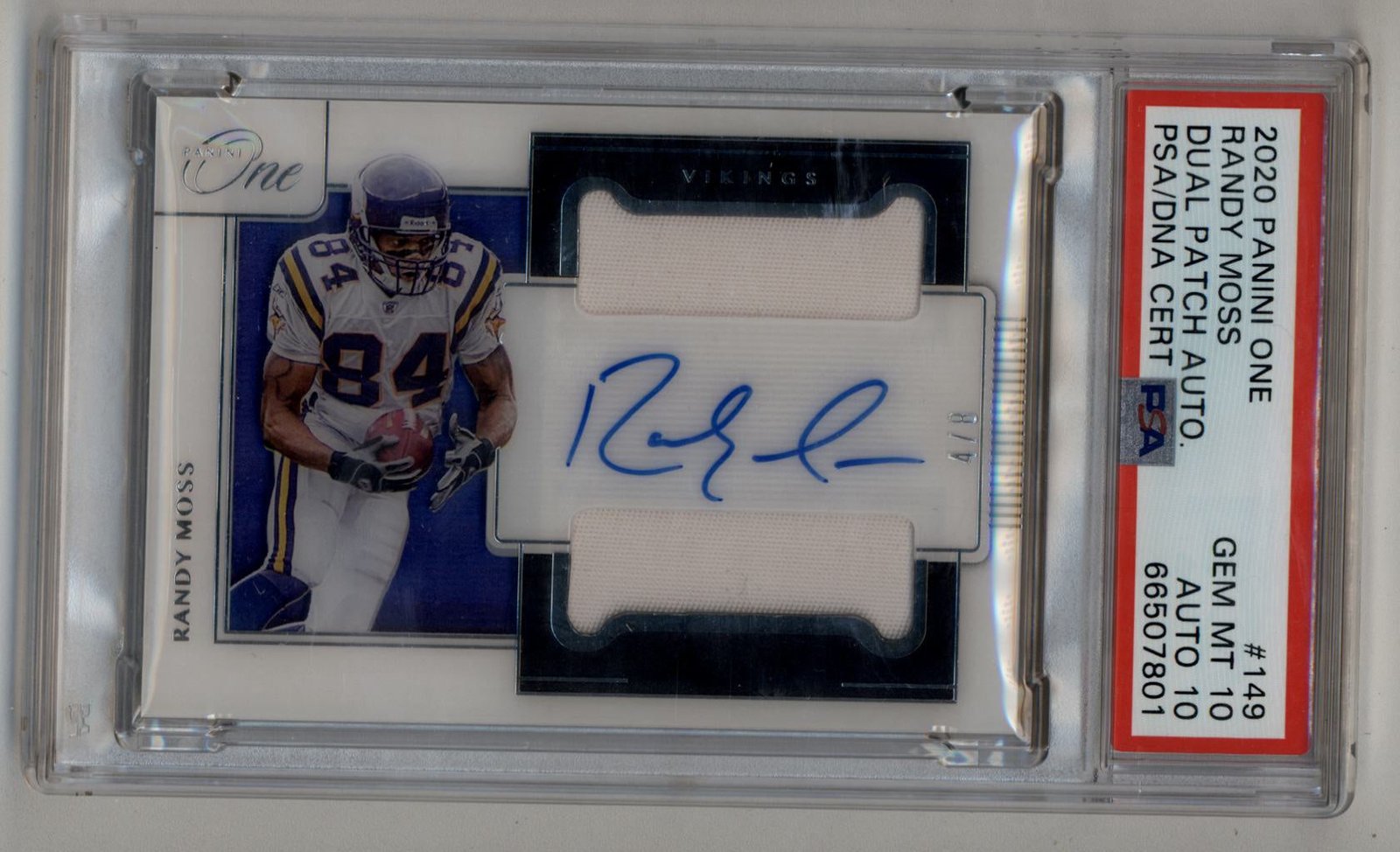 05-23016-3 Randy Moss 2020 Panini One Dual Patch Auto 4/8 PSA 10 Gem Mint Auto 10 - Image 1