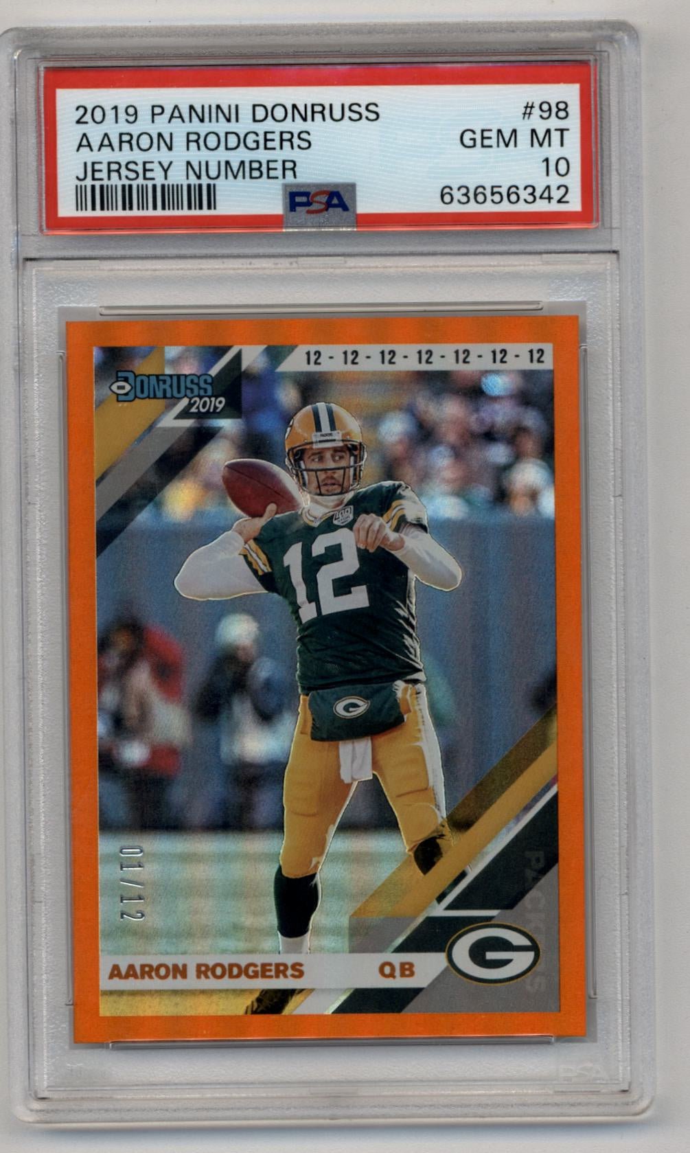 05-26005 Aaron Rodgers 2019 Donruss Aaron Rodgers Jersey Number 01/12 #98 PSA 10 Gem Mint - Image 1
