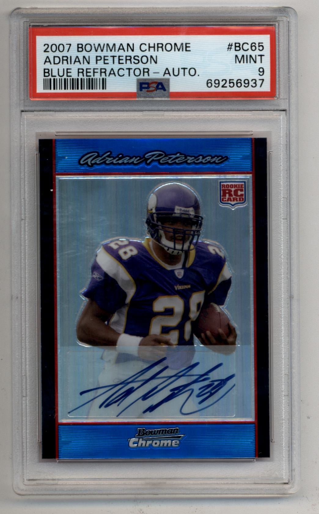 06-05008-2 Adrian Peterson 2007 Bowman Chrome Blue Refractor Auto 20/75 PSA 9 Mint - Image 1