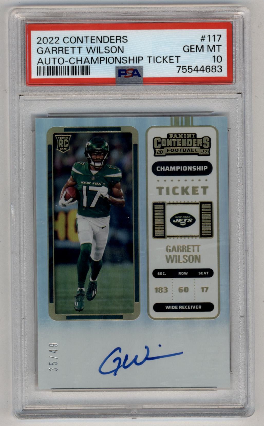 06-12013 Garrett Wilson 2022 Contenders Championship Ticket Auto 35/49 PSA 10 Gem Mint - Image 1