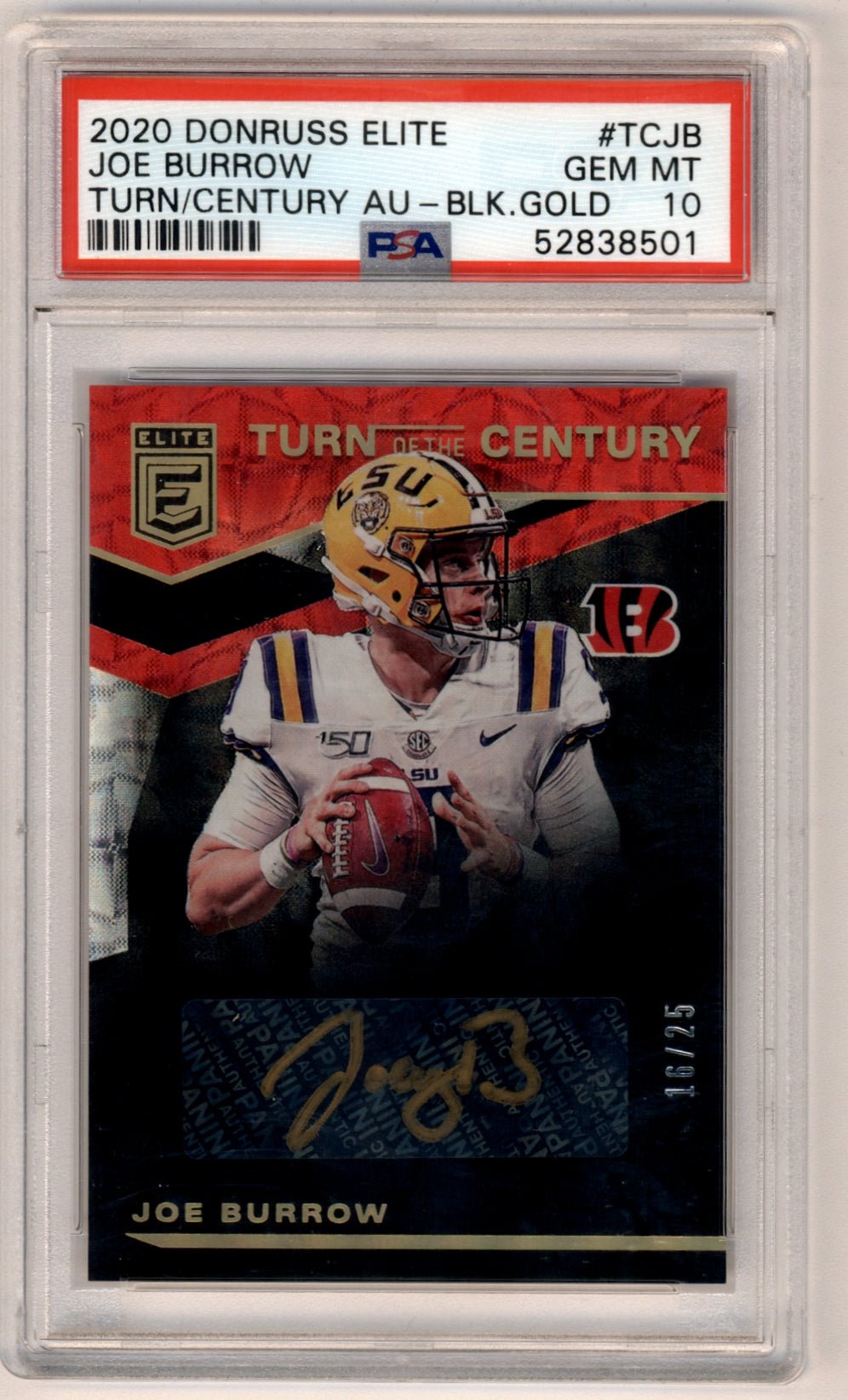 06-50008B Joe Burrow 2020 Donruss Elite Turn of the Century Black Gold Auto #16/25 PSA 10 Gem Mint - Image 1