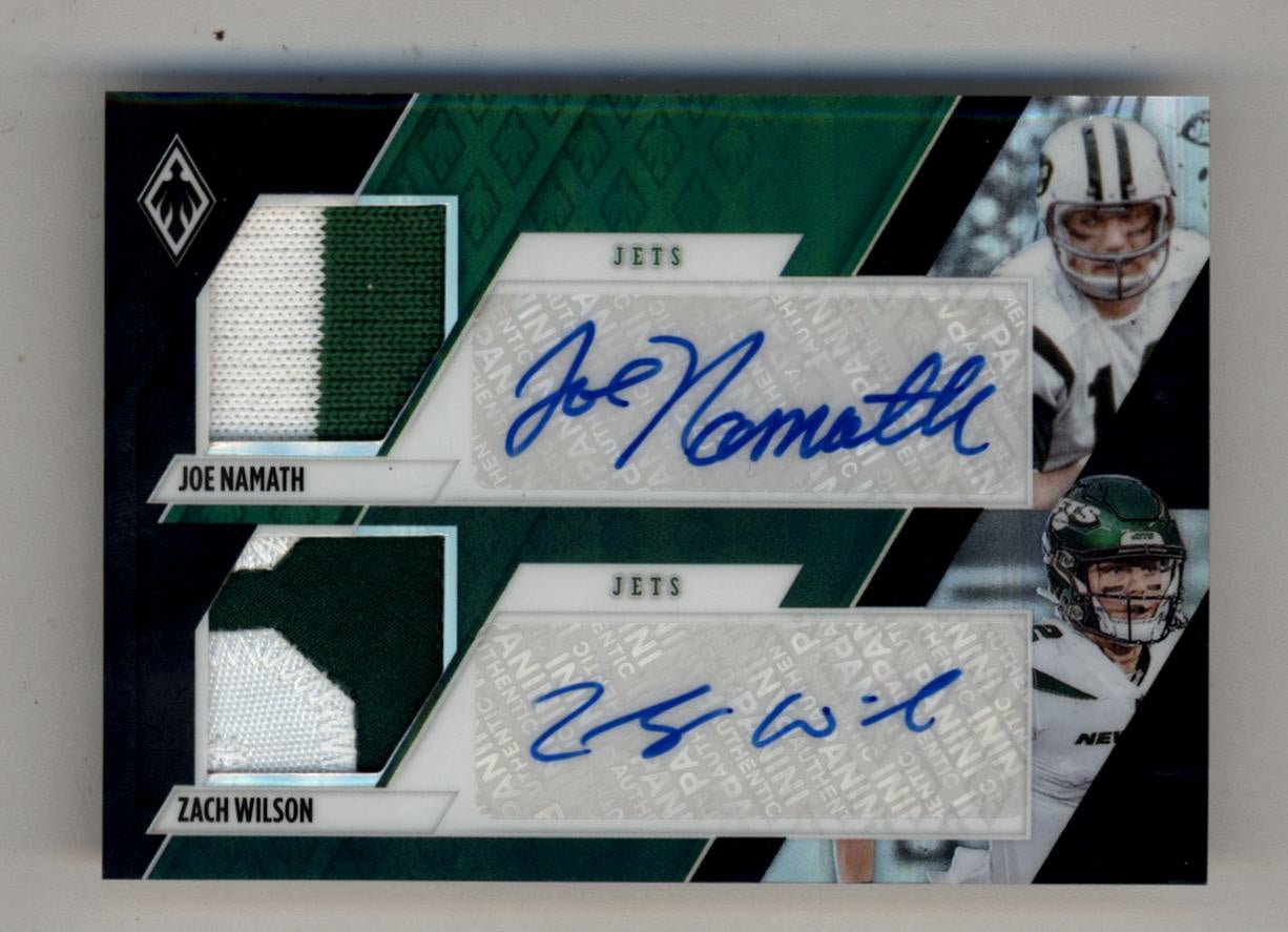 07-19004-3 Joe Namath/Zach Wilson 2021 Phoenix Dual Patch Auto Green 3/3 - Image 1