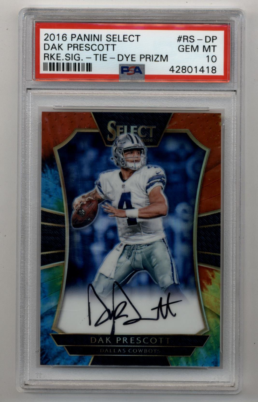 08-24006-1-1 Dak Prescott 2016 Select Rookie Auto Tie Dye Prizm 06/25 PSA 10 Gem Mint - Image 1