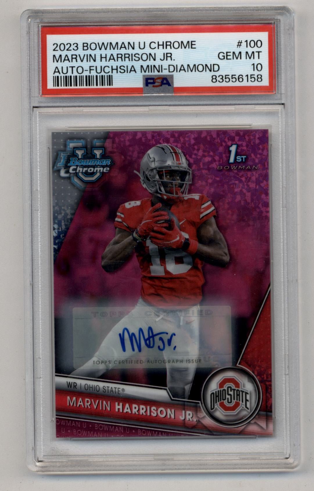 08-24013-39 Marvin Harrison Jr 2023 Bowman University Chrome Auto Fuchsia Mini Diamond 062/150 PSA 10 Gem Mint - Image 1