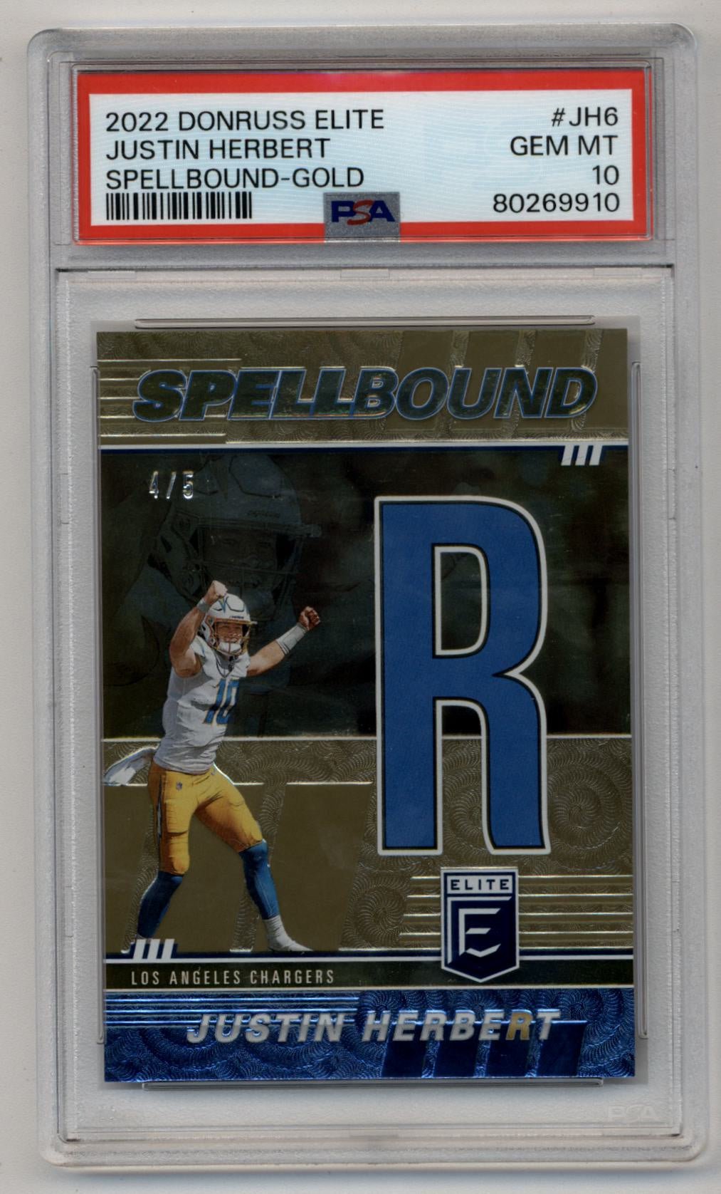 08-24015-1-1 Justin Herbert 2022 Donruss Elite Spellbound Gold 4/5 PSA 10 Gem Mint - Image 1