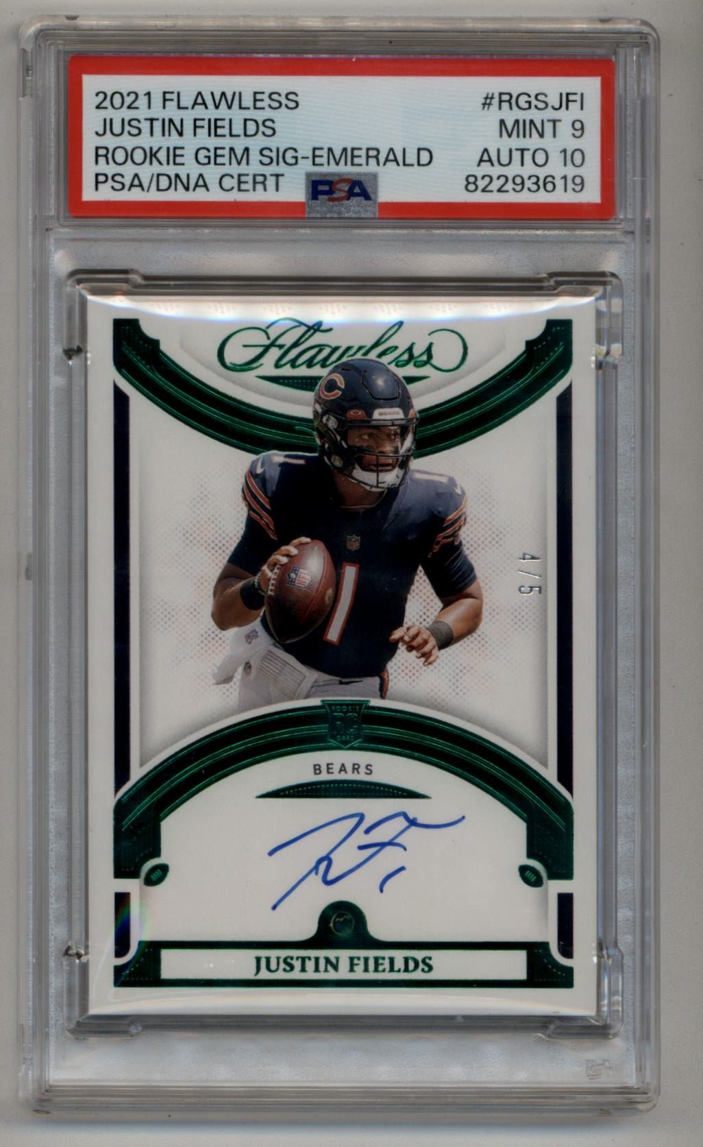08-24015-12 Justin Fields 2021 Flawless Rookie Auto Gem Emerald 4/5 PSA 9 Mint Auto 10 - Image 1
