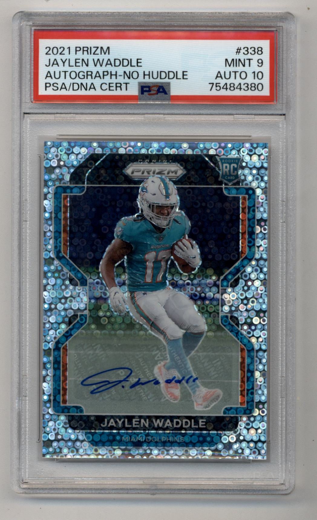 09-18001-8 Jaylen Waddle 2021 Prizm No Huddle Auto PSA 9 Mint Auto 10 - Image 1