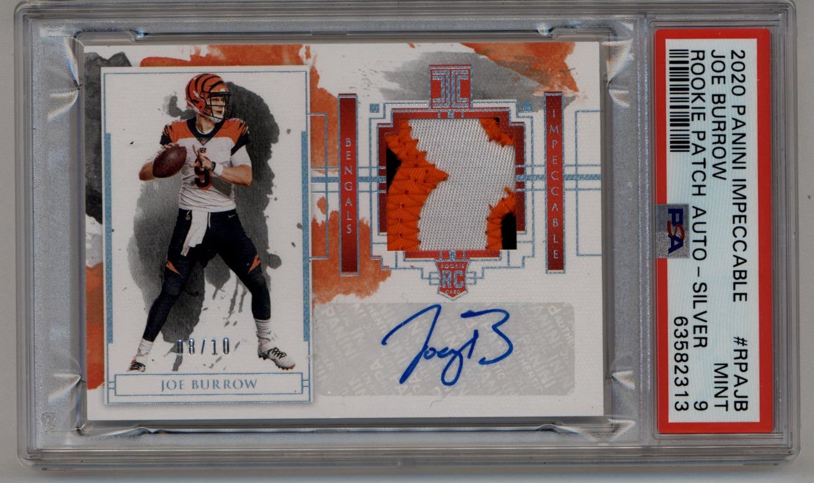 10-12S003 Joe Burrow 2020 Impeccable Rookie Patch Auto Silver 08/10 PSA 9 Mint - Image 1
