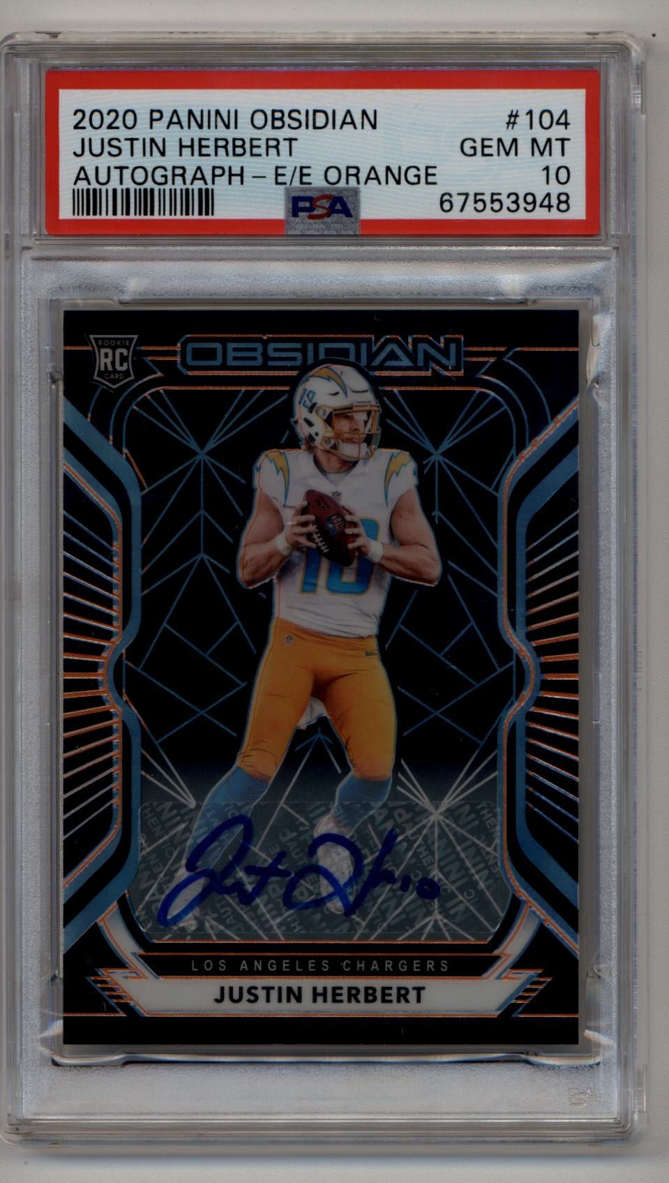 10-31A001-1 Justin Herbert 2020 Panini Obsidian Rookie Auto Electric Etch Orange #104 Justin Herbert 39/75 PSA 10 Gem Mint - Image 1