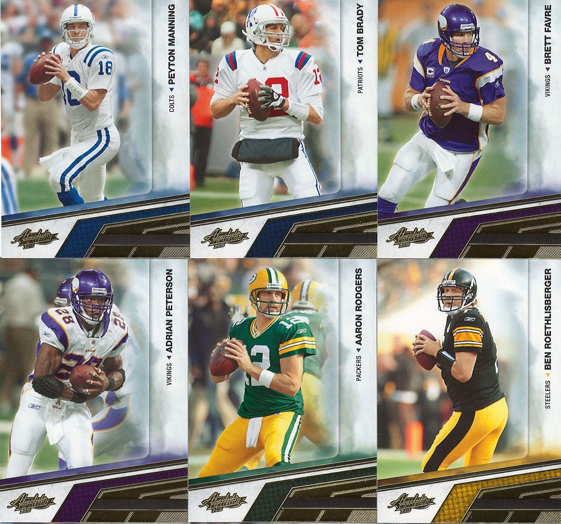 10abs 2010 Panini Absolute Memorabilia Football Complete Mint Basic Set with Brett Favre and Tom Brady PLUS - Image 1