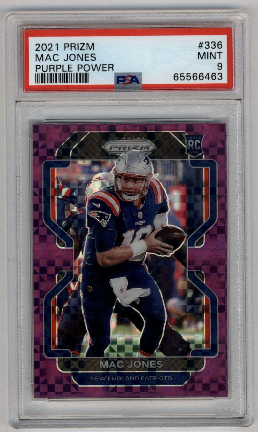 12-08A004 Mac Jones 2021 Panini Prizm Prizms Purple Power #336 36/49 PSA 9 Mint - Image 1