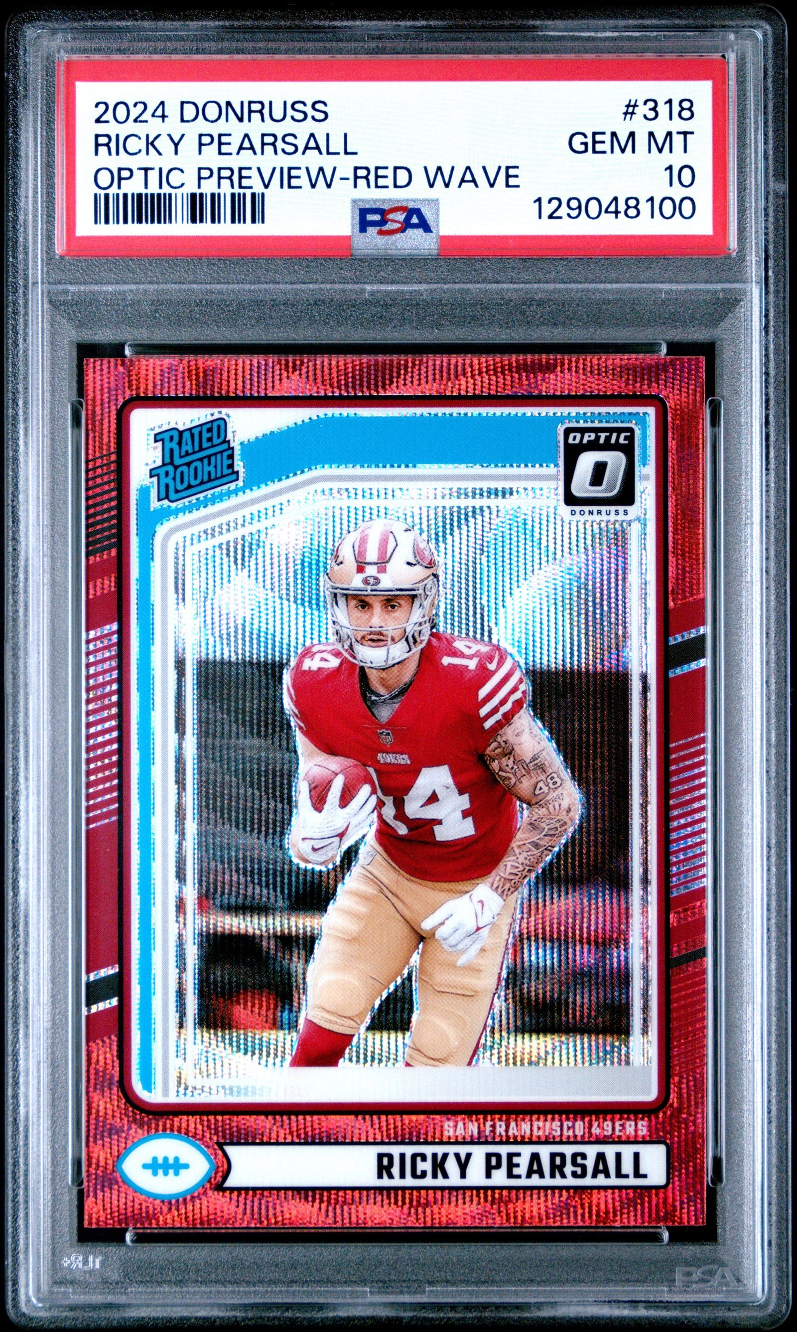 129048100-front Ricky Pearsall 49ers 2024 Donruss Optic Preview Red Wave Rookie Card #318 PSA 10 - Image 1