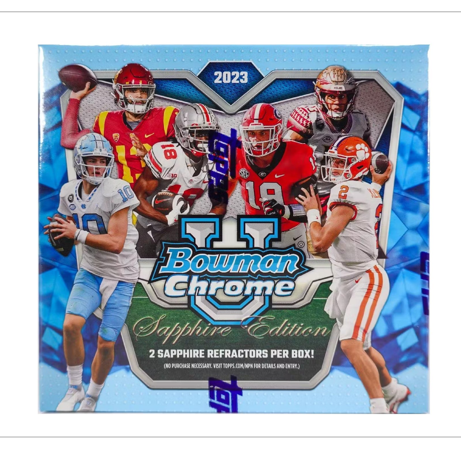 15168_6a3fb430-5126-4c5a-8ff8-fc9eb7049838 2023 Bowman University Chrome Sapphire Edition Football Hobby Box - Image 1