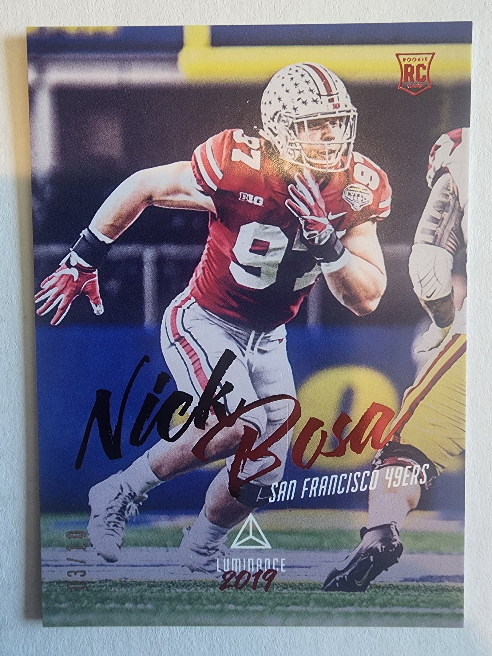 20240511-170908 Nick Bosa 2019 Panini Luminance Red RC #3/10 - Image 1