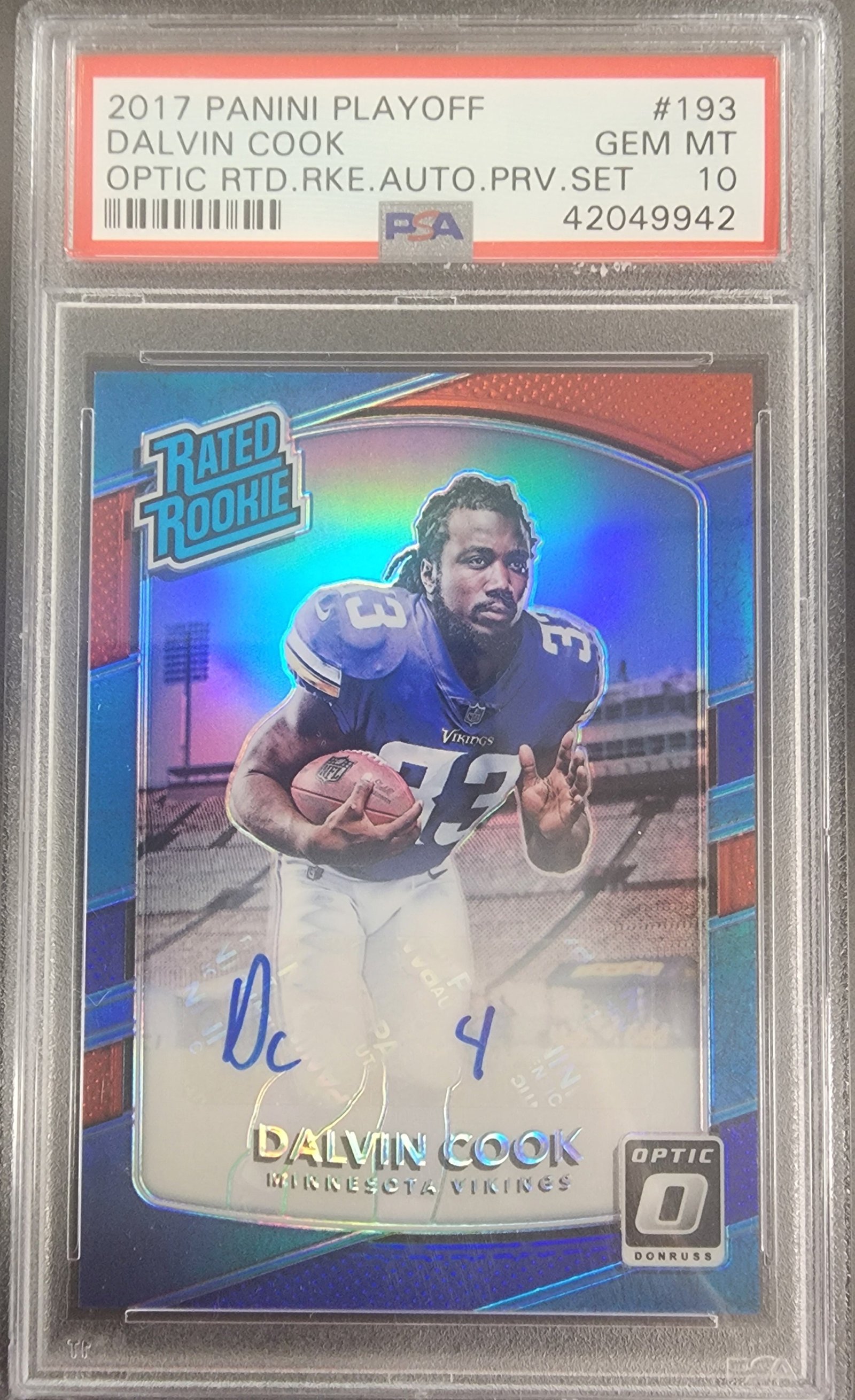 20240516-152602 Dalvin Cook 2017 Panini Playoff Optic Preview Auto #14/23 PSA 10 Gem Mint - Image 1