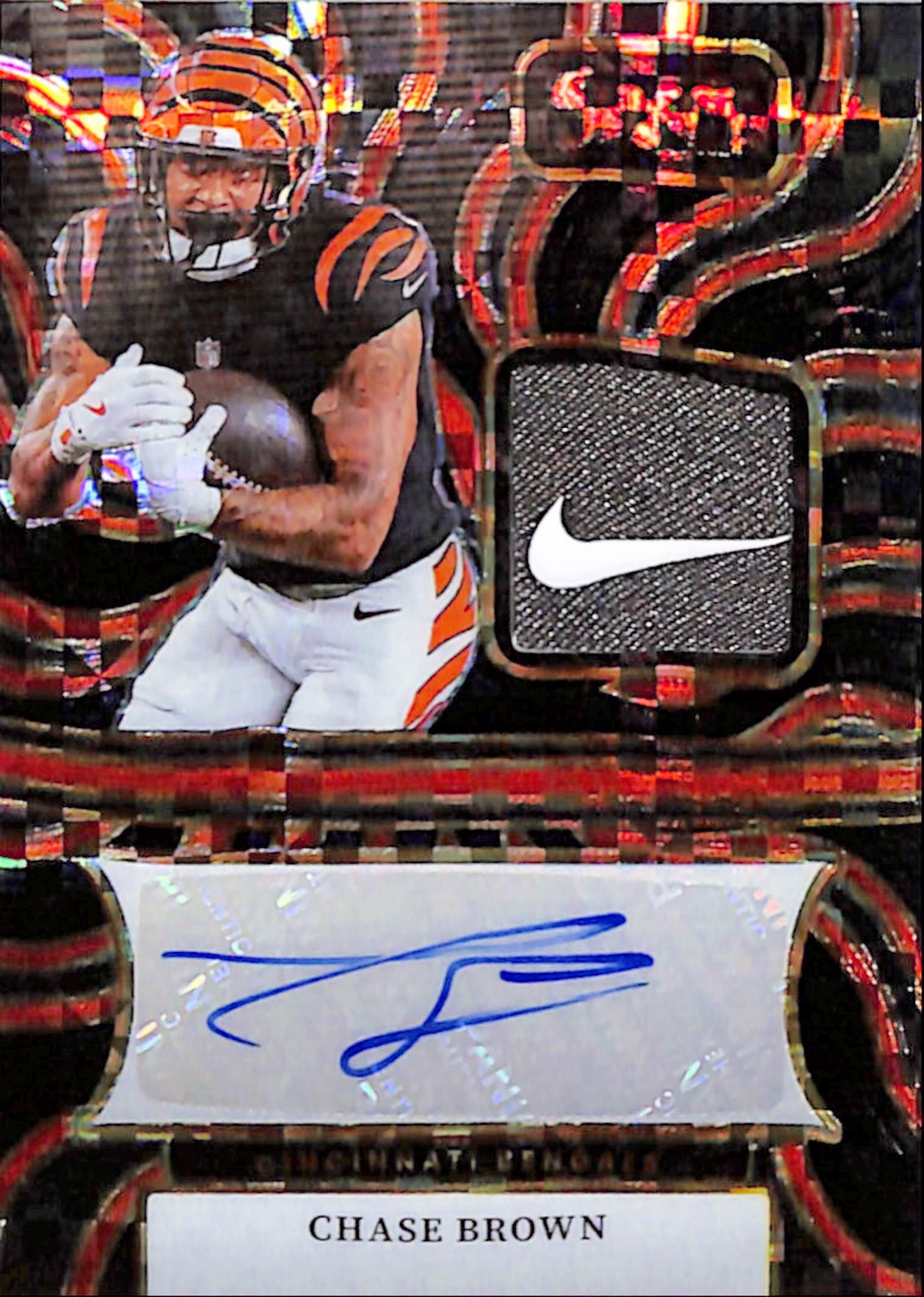 20251110_012_9d63c87e-db41-49d9-89f5-66ac6f7b983e Chase Brown 2024 Panini Select Nike Swoosh Patch Auto Black #1/1 - Image 1
