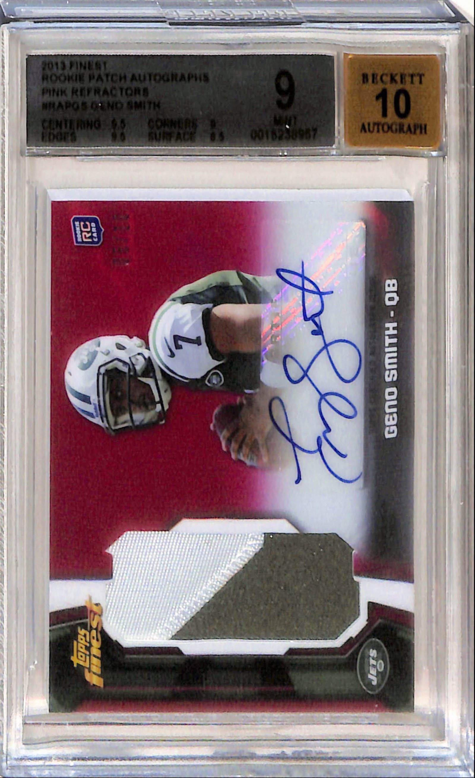 20251111_038 Geno Smith 2013 Topps Finest Pink Refractor Rookie Patch Auto #8/10 BGS 9 Auto 10 - Image 1