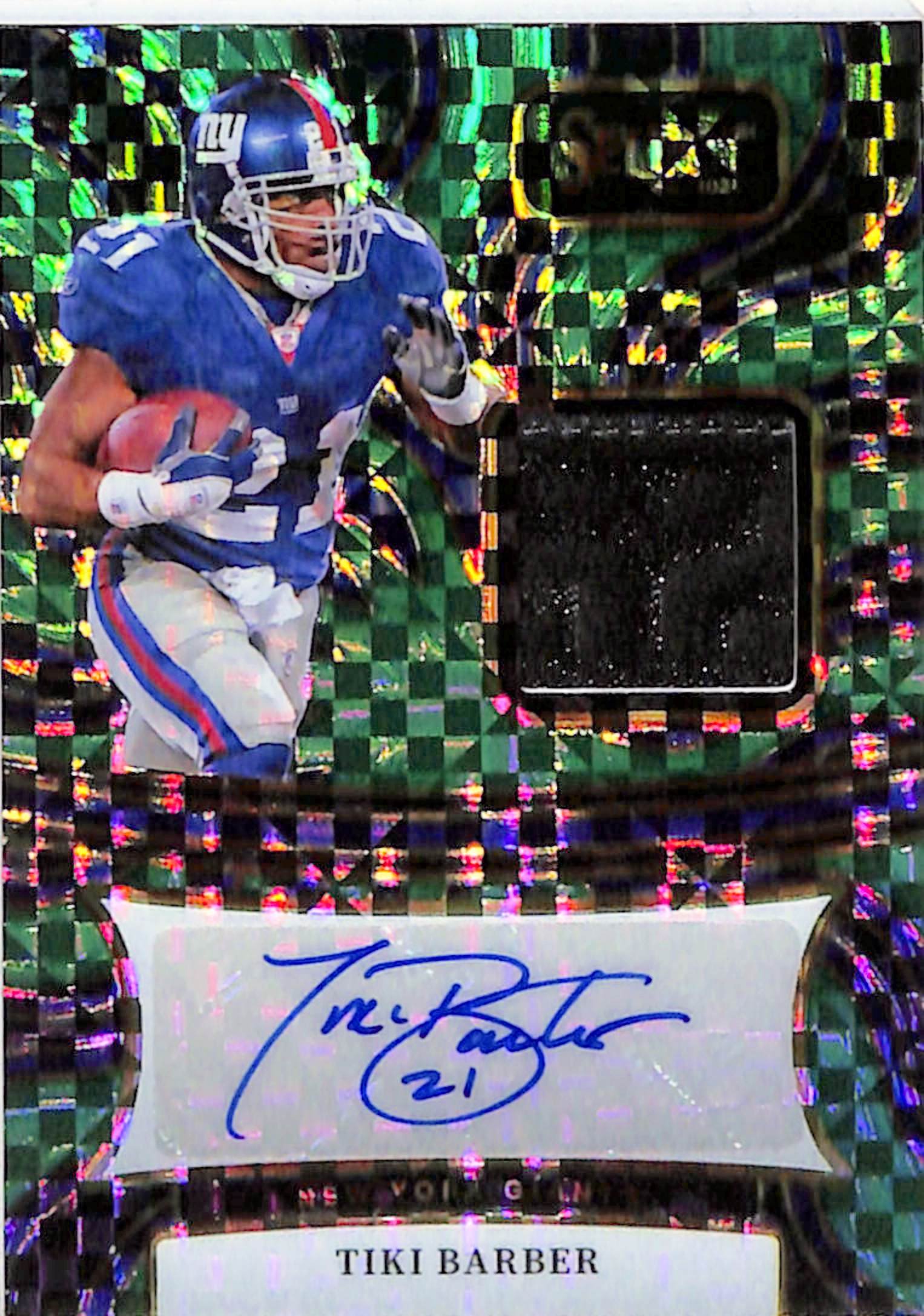 20251211_020_73cba92a-a773-4b2a-9f72-a2e7edc6d949 Tiki Barber 2024 Panini Select Green Prizm Jersey Tag Auto #5/5 - Image 1