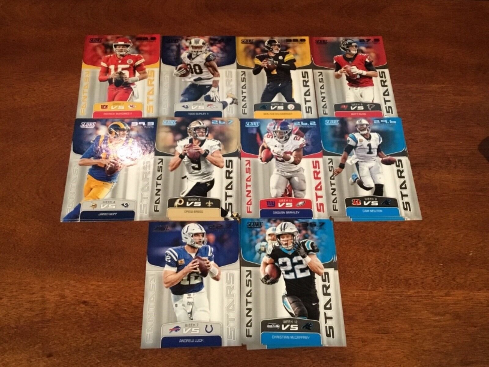 2_3d48c95d-1aab-4792-8972-fe3bb42d0042 2019 Score Football Fantasy Stars 20 Card Insert Set with Mahomes, Brady, Barkley Plus - Image 1