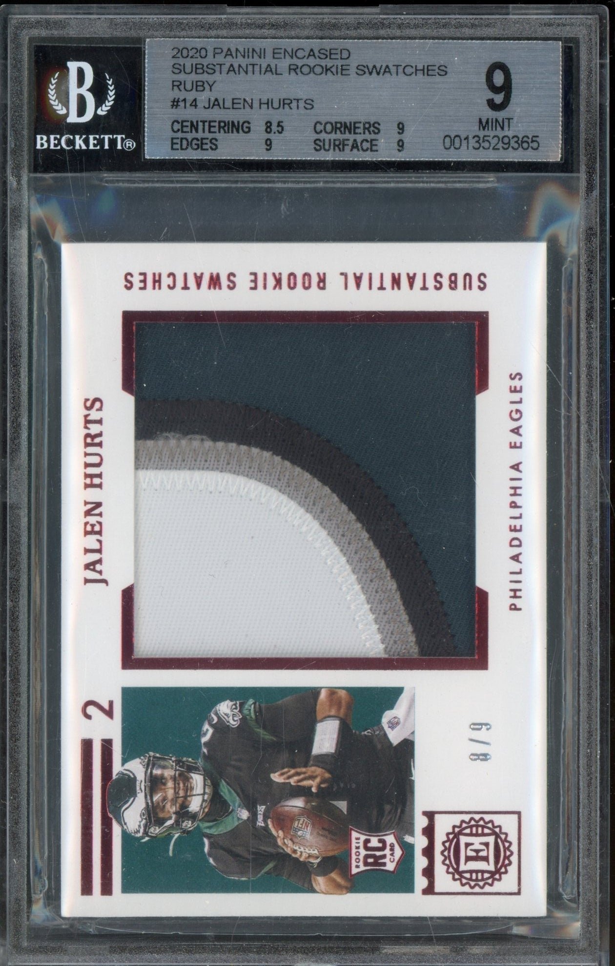 2f55ee65-ed5c-47eb-b5e0-8bb858cb1dee 2020 Encased Jalen Hurts Jumbo patch 8/9 BGS 9 RC - Image 1