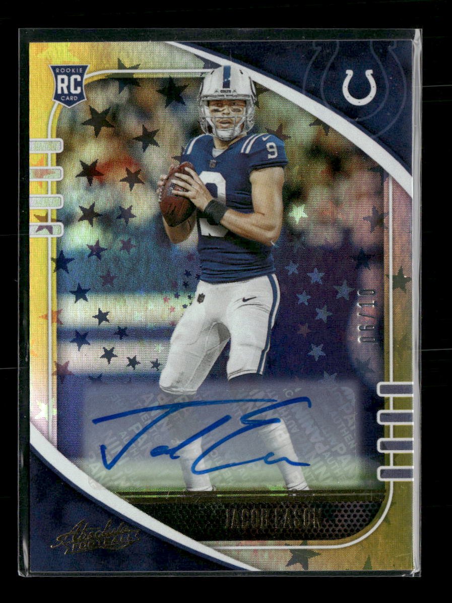 37088928-front 2020 Panini Absolute Spectrum Gold Auto Jacob Eason Rookie #/10 #142 - Image 1