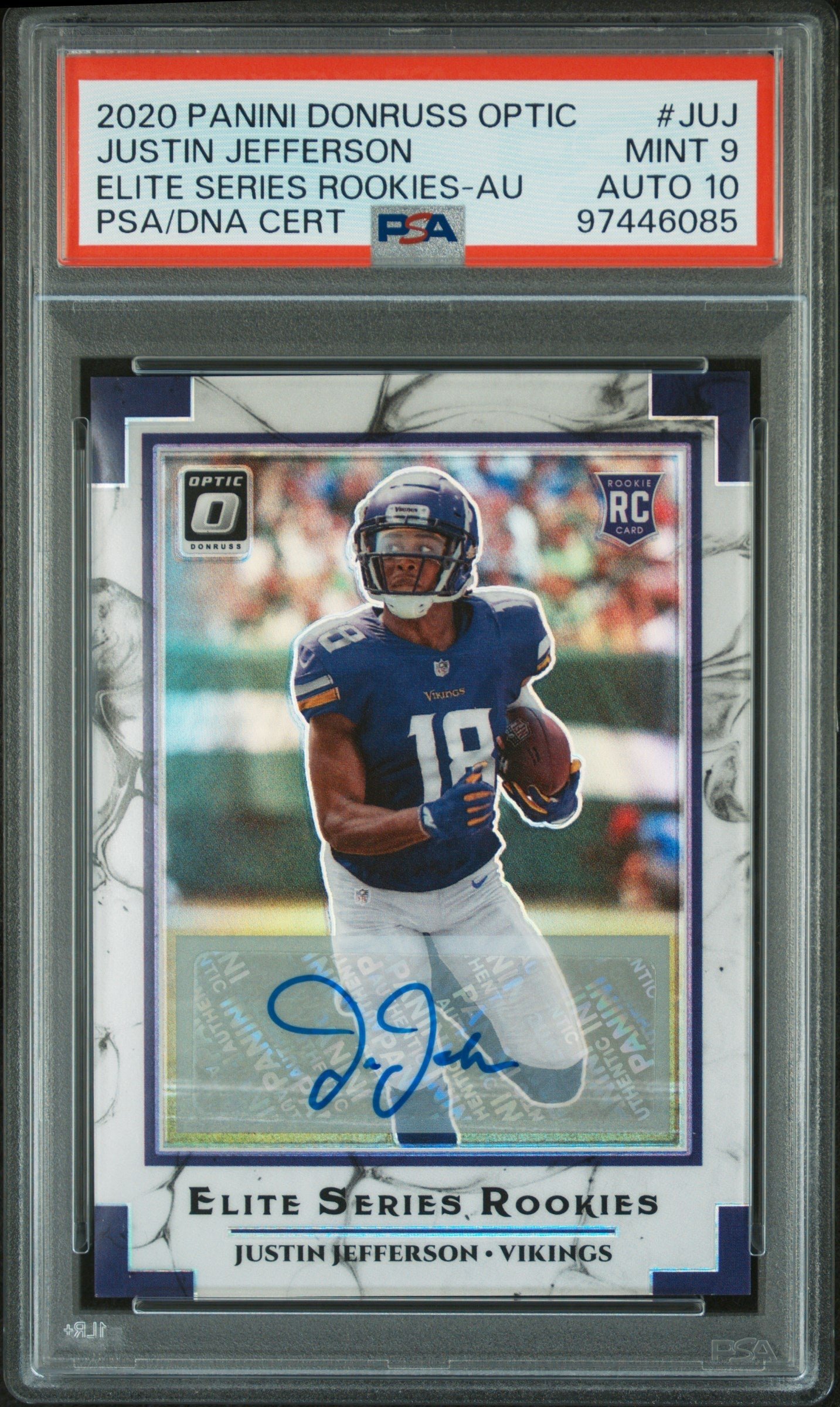 3mhBSydG1kah5h3jZquE4A Justin Jefferson 2020 Donruss Optic Elite Series RC Autograph #11/25 PSA 9 Auto 10 - Image 1