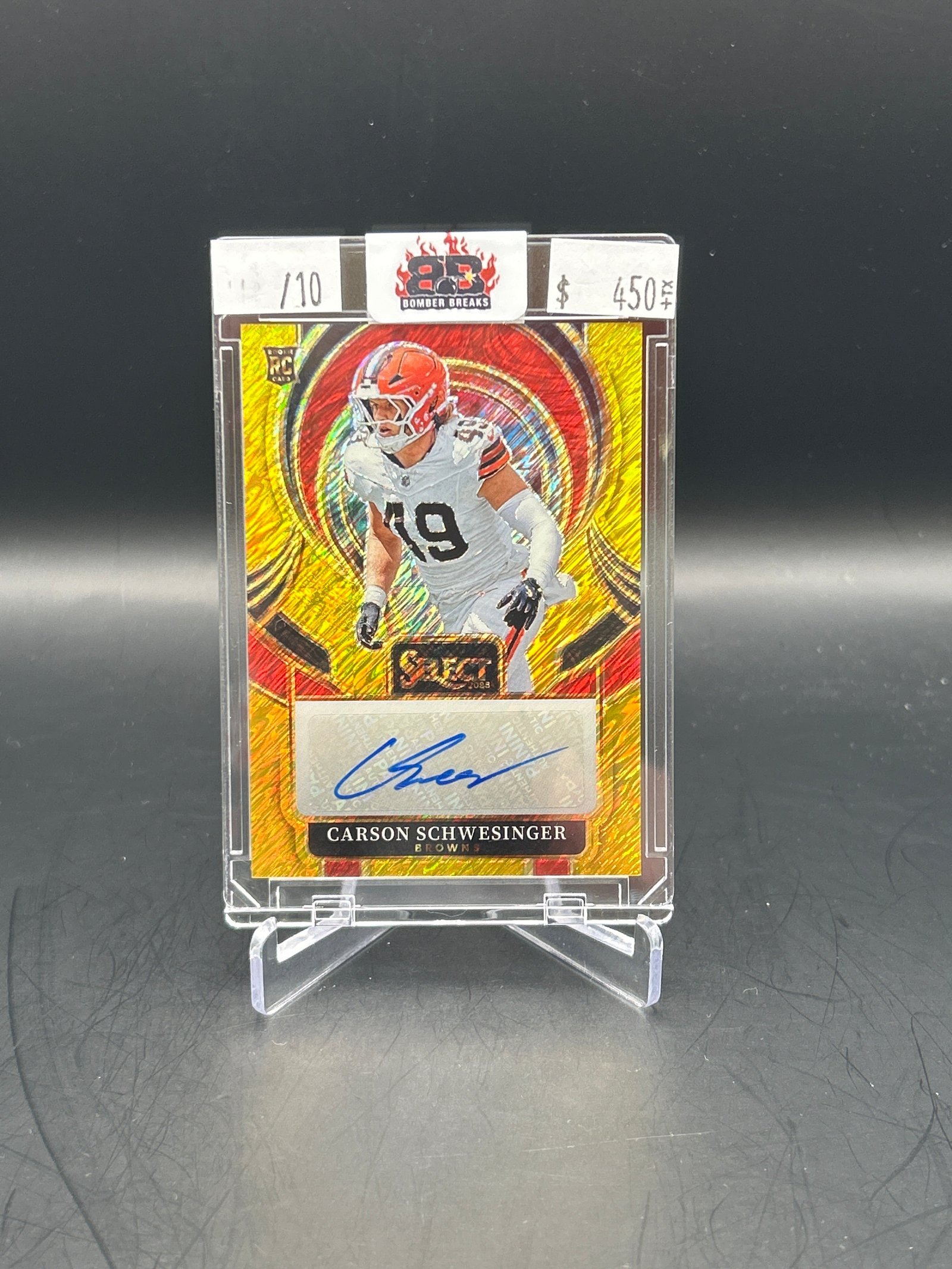 40A1053F-37A0-48B7-8A5C-F1C505C3C63F Carson Schwesinger 2025 Panini Select Gold Shimmer Auto /10 #SIP-CSR - Image 1