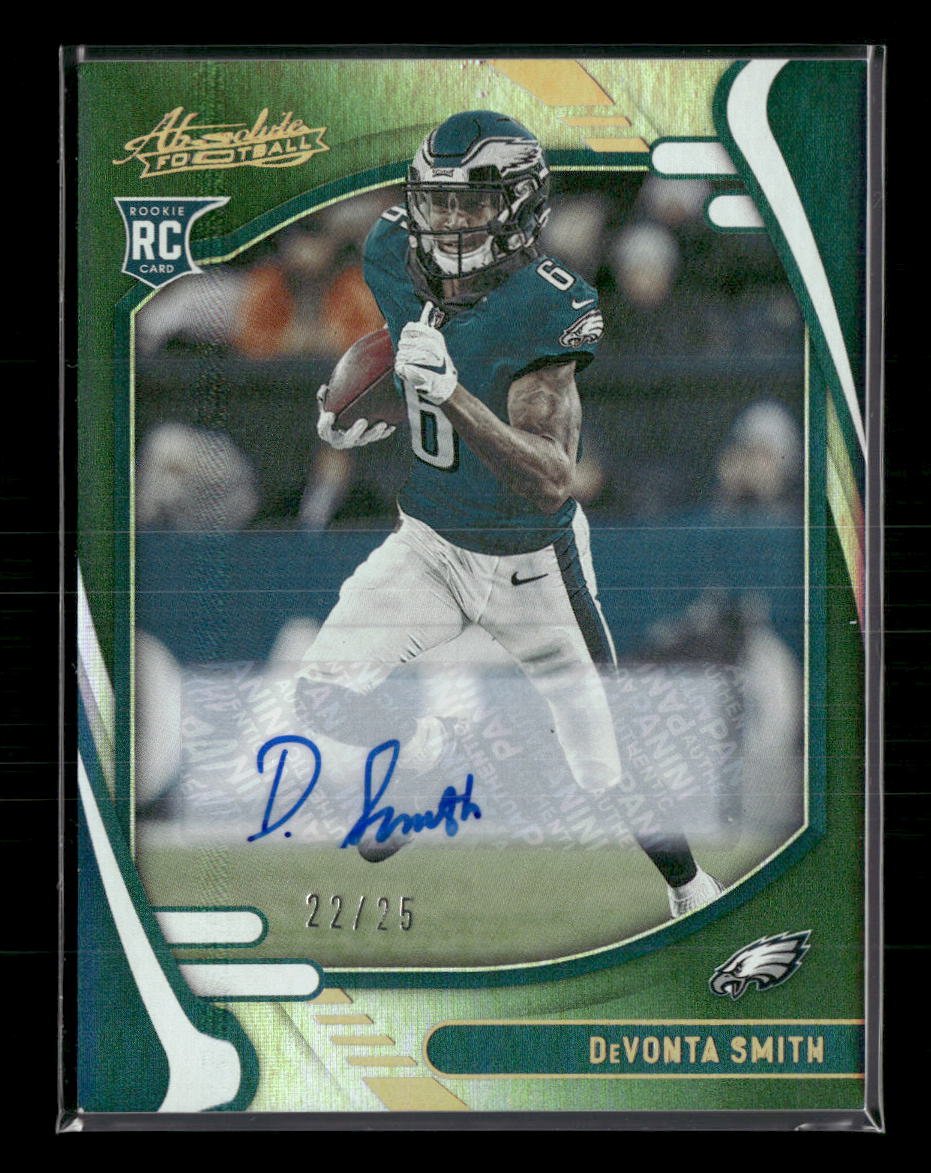 49402102-front 2021 Panini Absolute Signature Rookies Green Waves DeVonta Smith #/25 Auto #107 - Image 1