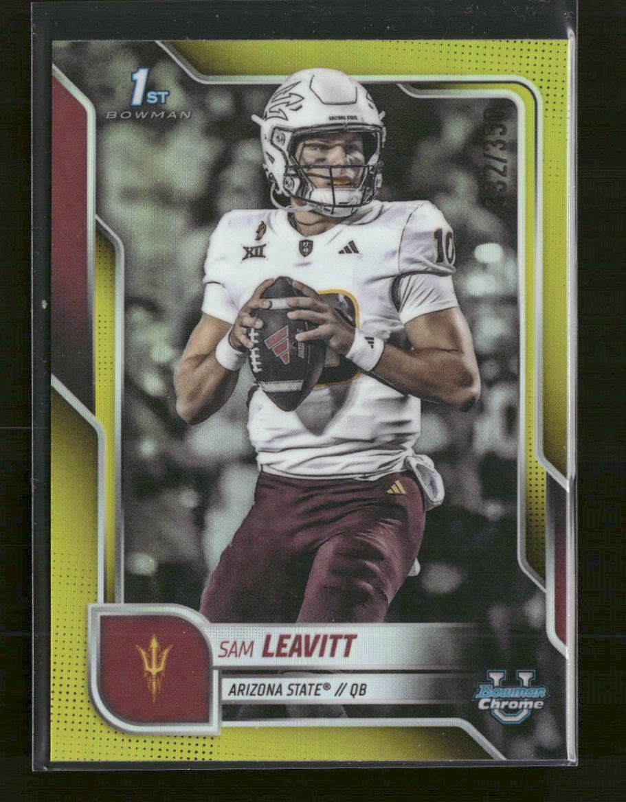 49611705-front 2025 Bowman University Chrome Yellow Refractor Sam Leavitt #/350 #195 - Image 1