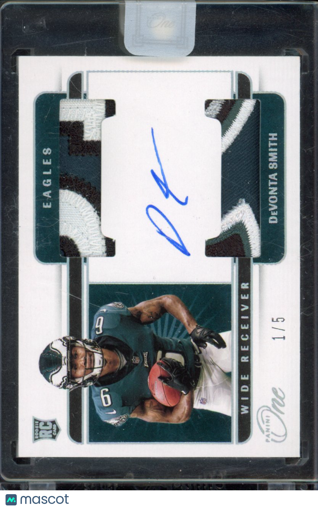 4ec152b8-4c16-4758-b49e-3d49238ec11d-watermark-raw-V2 2021 Panini One Devonta Smith Duel Patch Platinum Auto /5 RC - Image 1