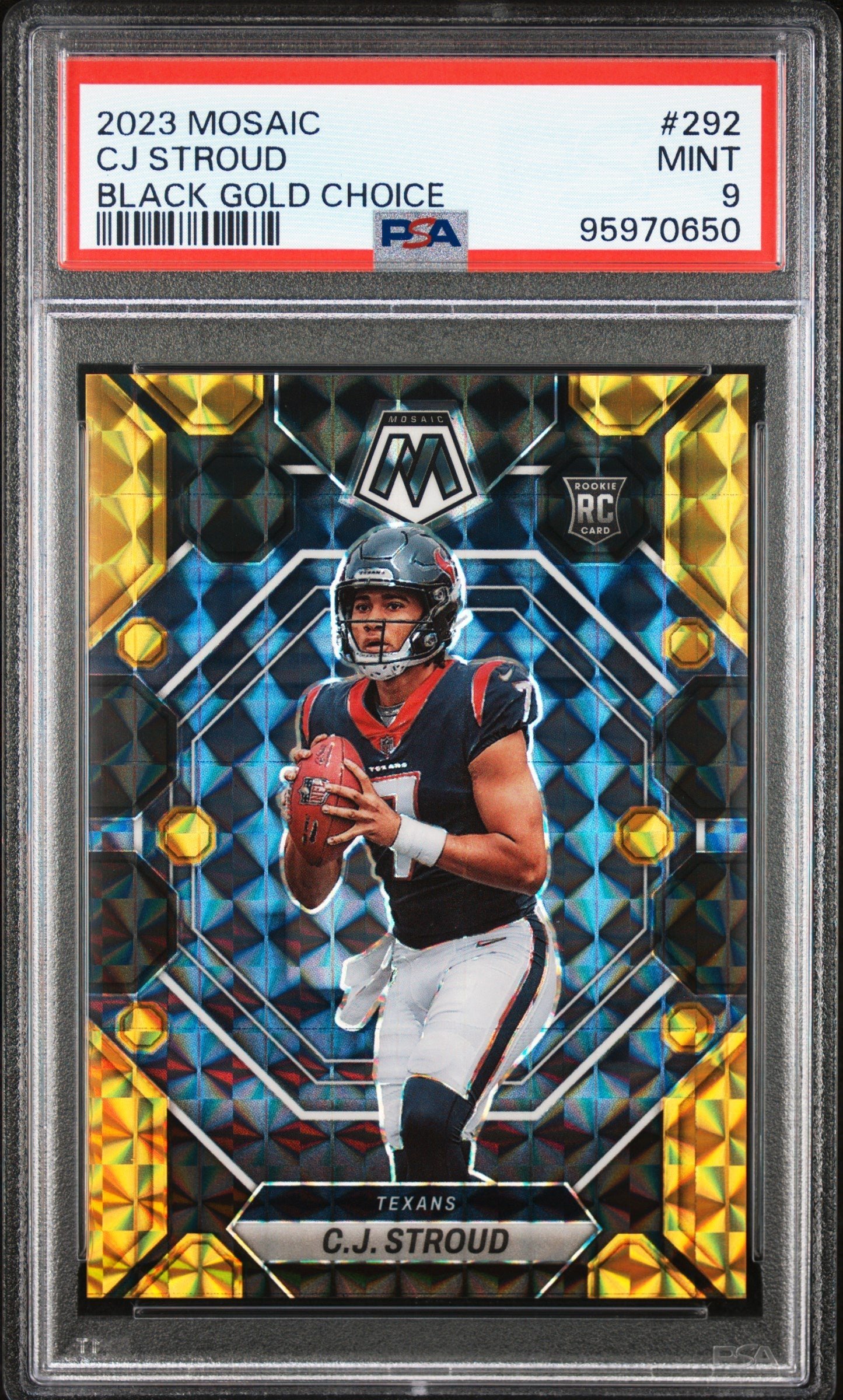 55271642-front 2023 Panini Mosaic Black Gold Choice Cj Stroud 9 PSA #292 - Image 1