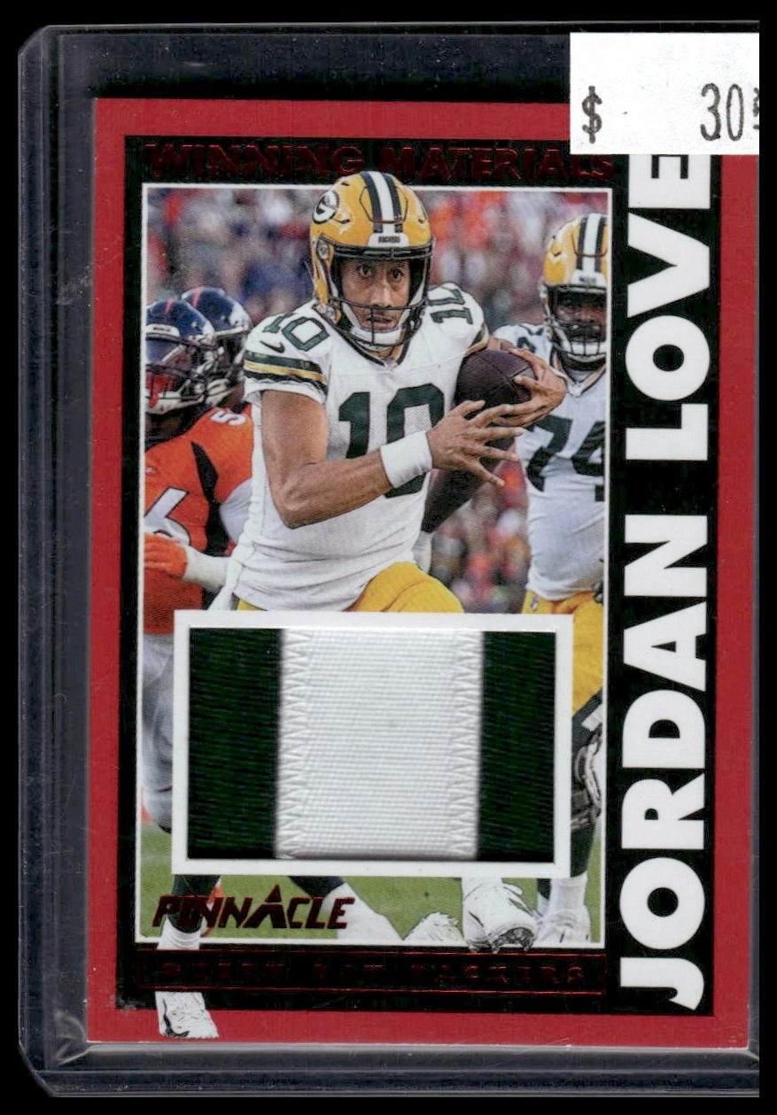55878135-front 2024 Panini Encore #WM-JLE Jordan Love Winning Materials Red #/75 - Image 1