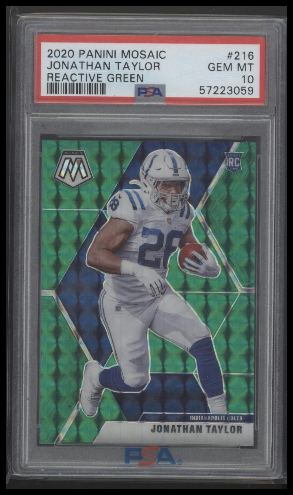 56315959-front 2020 Panini Mosaic Reactive Green Jonathan Taylor 10 PSA #216 - Image 1