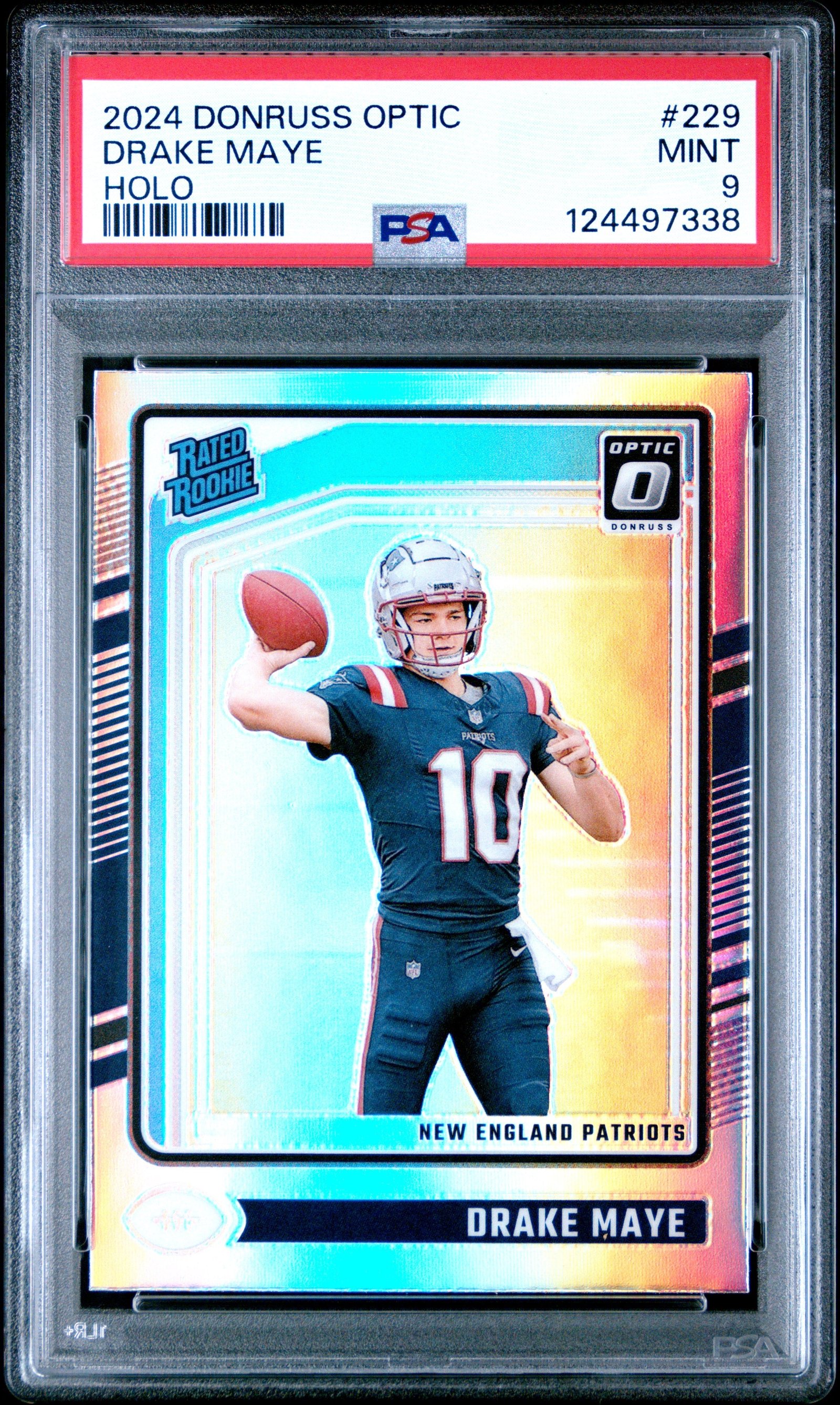 56717311-front 2024 Panini Donruss Optic Holo Drake Maye 9 PSA #229 - Image 1