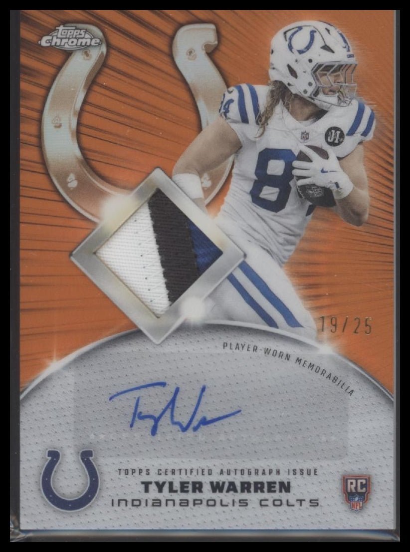 56730691-front 2025 Topps Rookie Patch Auto Orange Refractor Tyler Warren #/25 #RPA-TW - Image 1