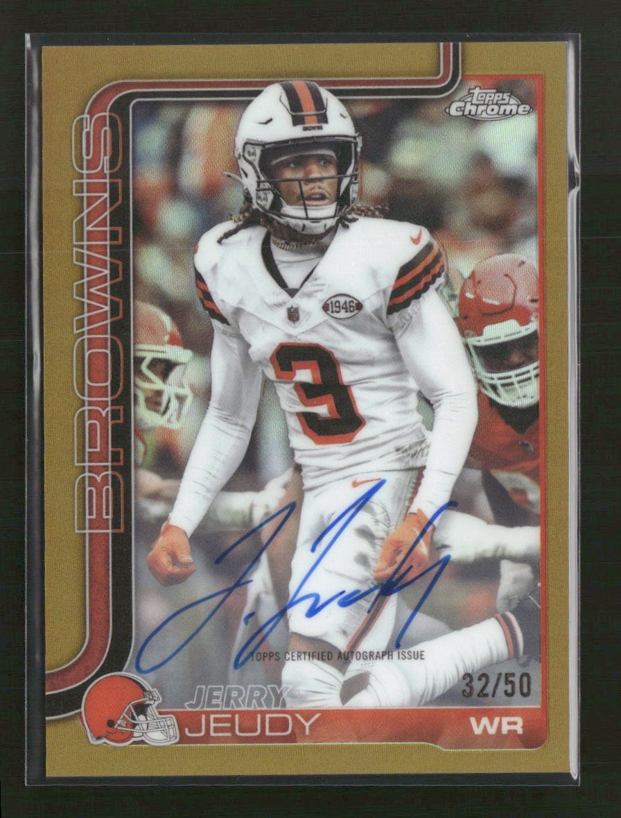 57144018-front 2025 Topps Chrome Chrome Autographs Gold Refractor Jerry Jeudy #/50 Auto #BA-JJE - Image 1