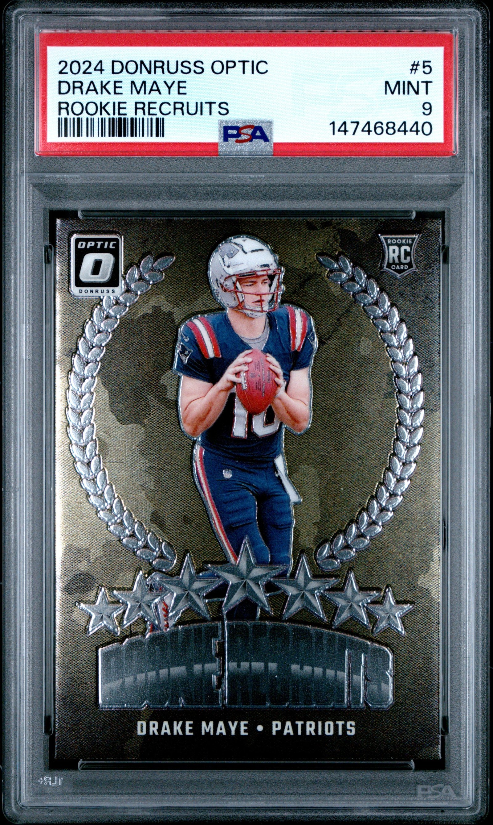 57851594-front 2024 Panini Donruss Optic Rookie Recruits Drake Maye 9 PSA #5 - Image 1