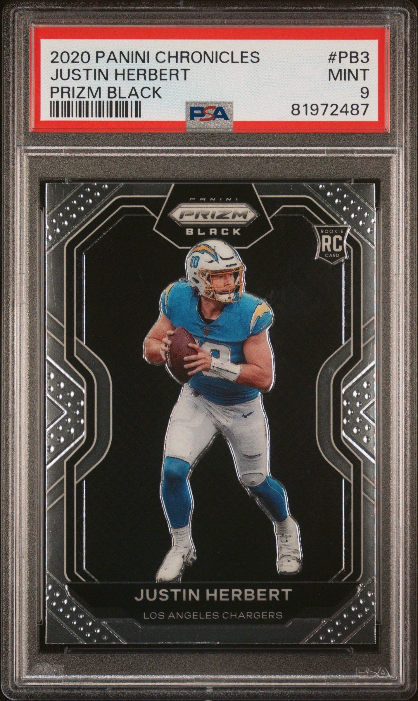 58461280-front 2020 Panini Chronicles Prizm Black Prizm Black Justin Herbert 9 PSA #PB3 - Image 1
