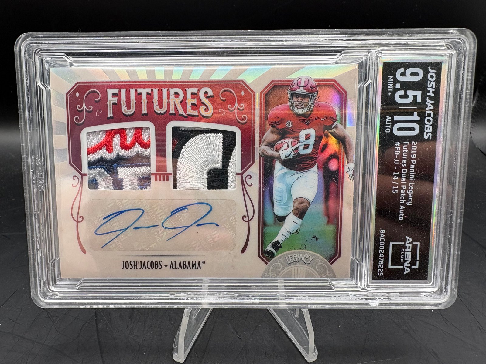 58471013-front Josh Jacobs 2019 Panini Legacy #FD-JJ Auto #/15 Arena Club Auto 10 Card 9.5 - Image 1