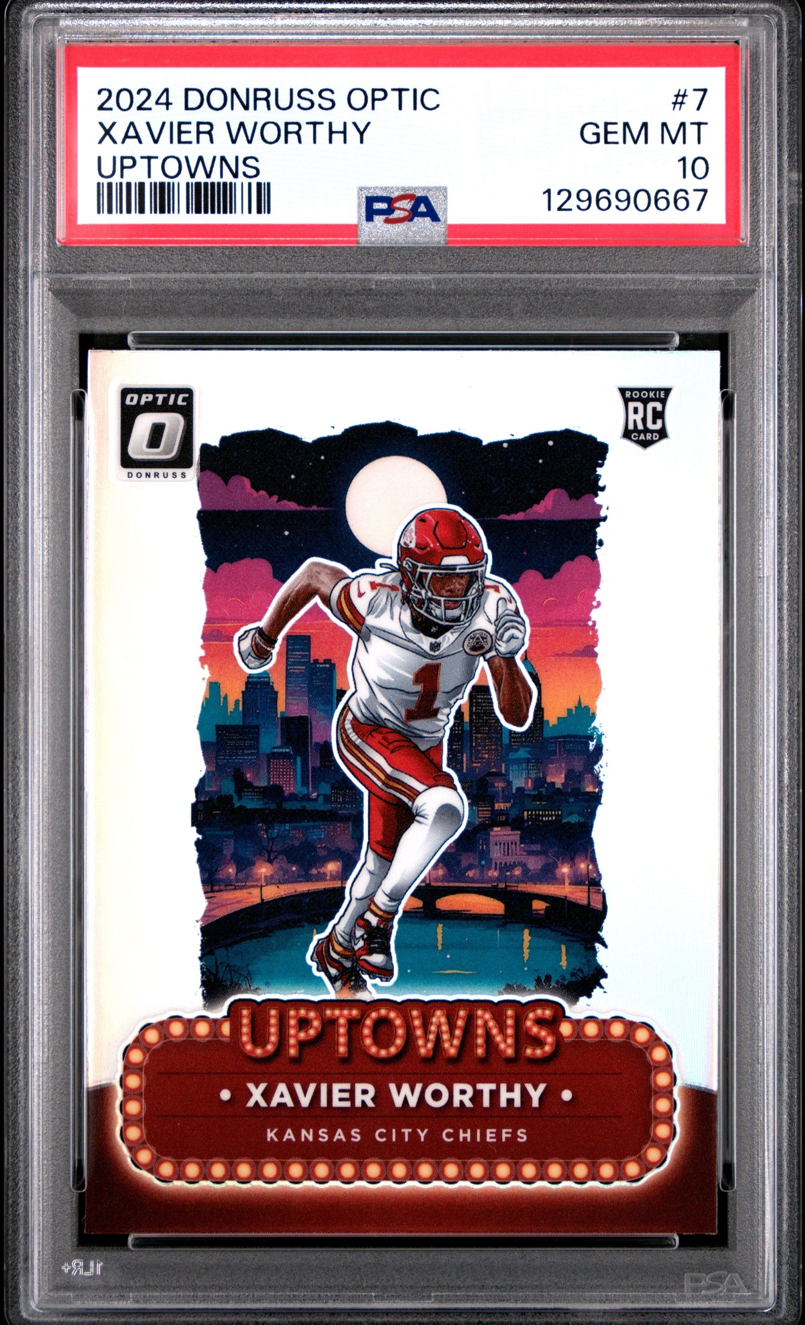 58471746-front 2024 Panini Donruss Optic Uptowns Xavier Worthy 10 PSA #7 - Image 1