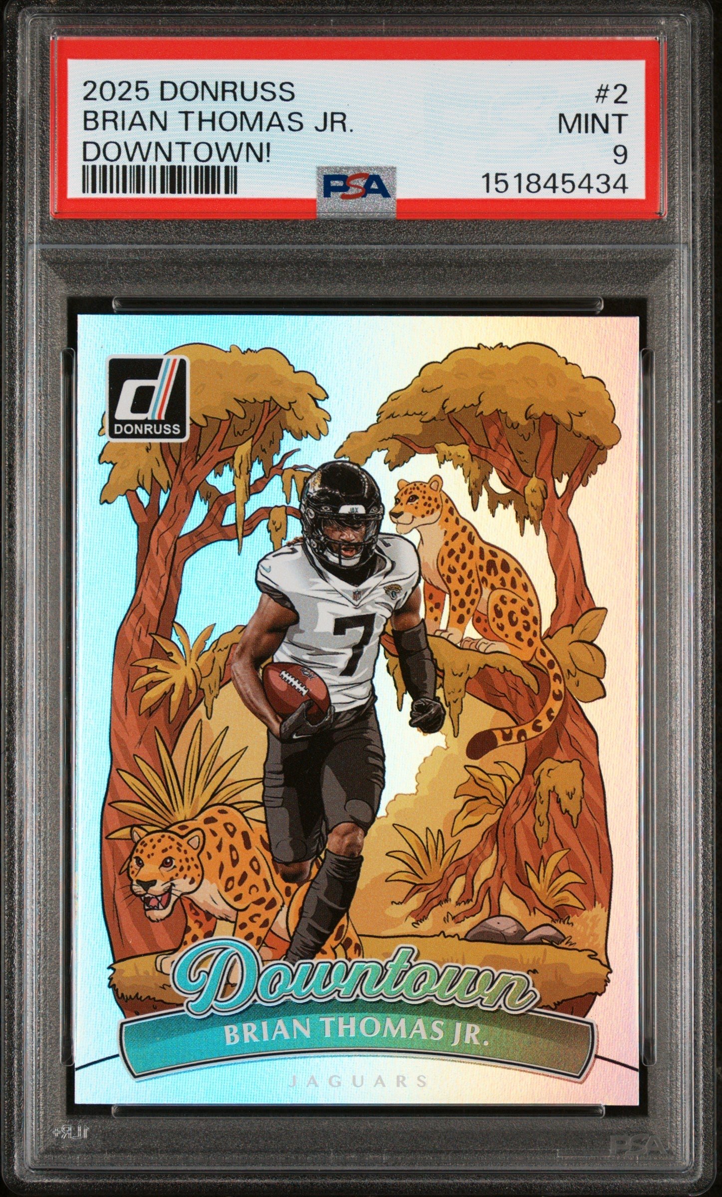 58925180-front 2025 Panini Donruss Downtown Brian Thomas Jr. 9 PSA #2 - Image 1