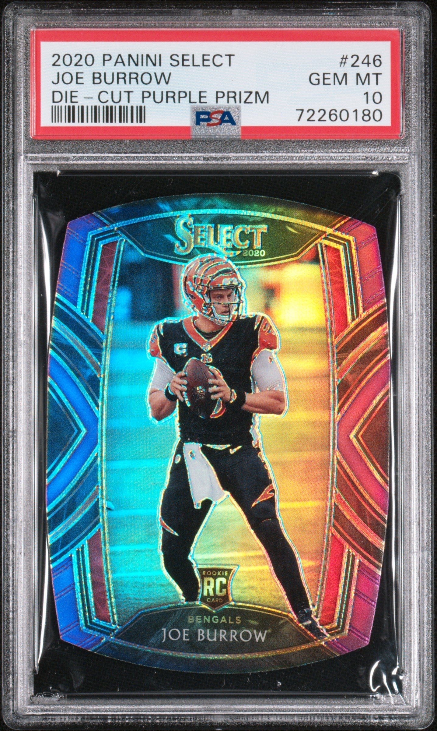 59029448-front 2020 Panini Select Die-Cut Purple Prizm Joe Burrow 10 PSA #246 - Image 1