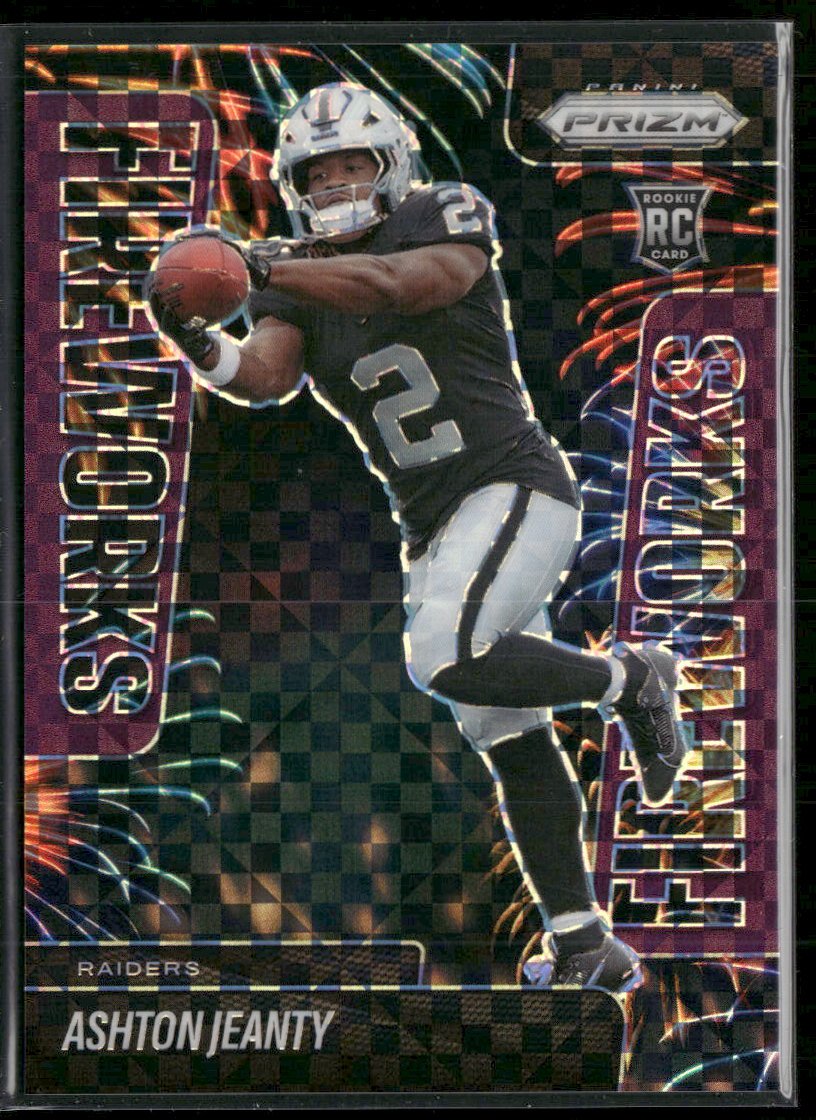 59120105-front 2025 Panini Prizm Fireworks Purple Power Ashton Jeanty #/49 #10 - Image 1