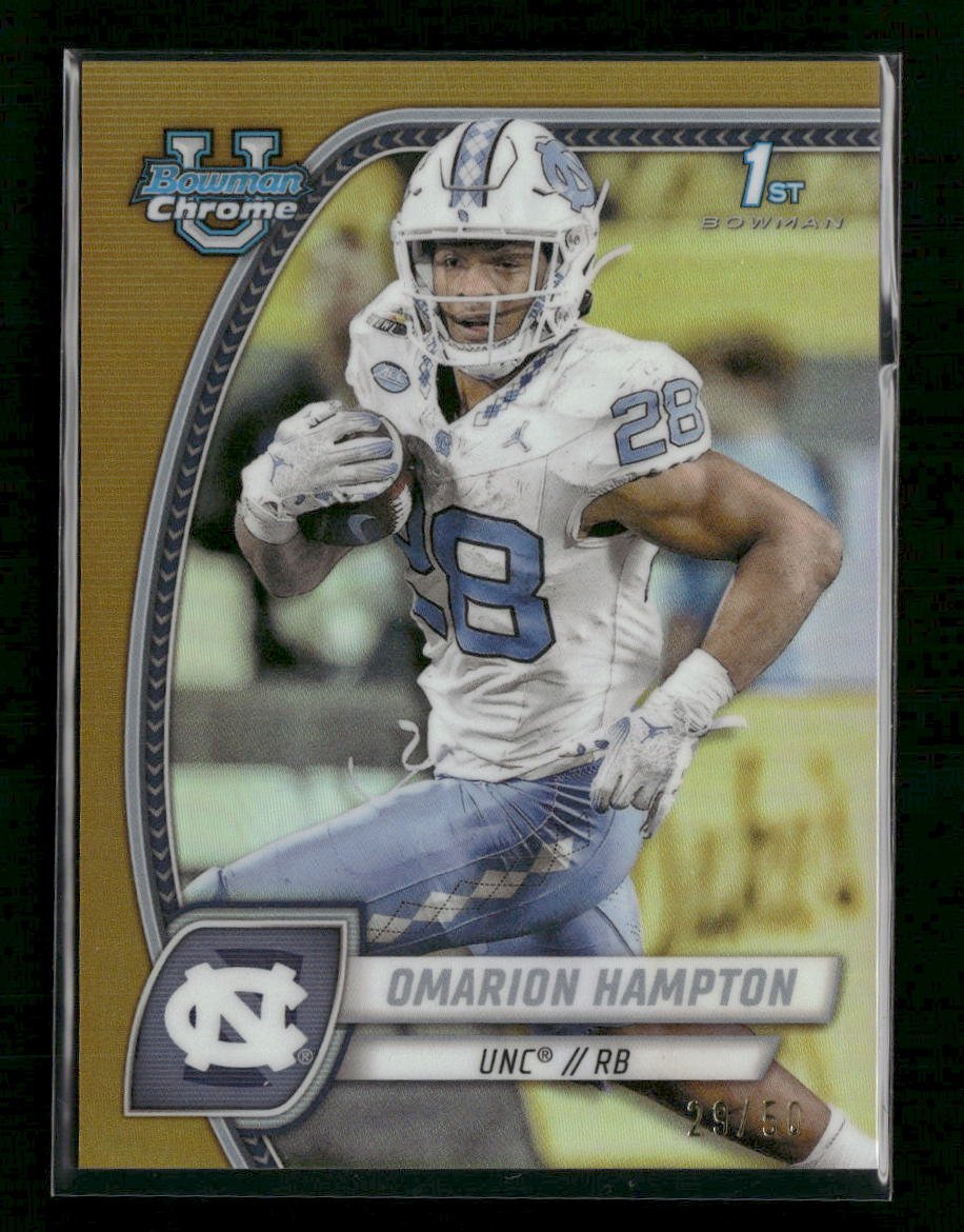 59326716-front 2024 Bowman University Chrome Gold Refractor Omarion Hampton #/50 #198 - Image 1