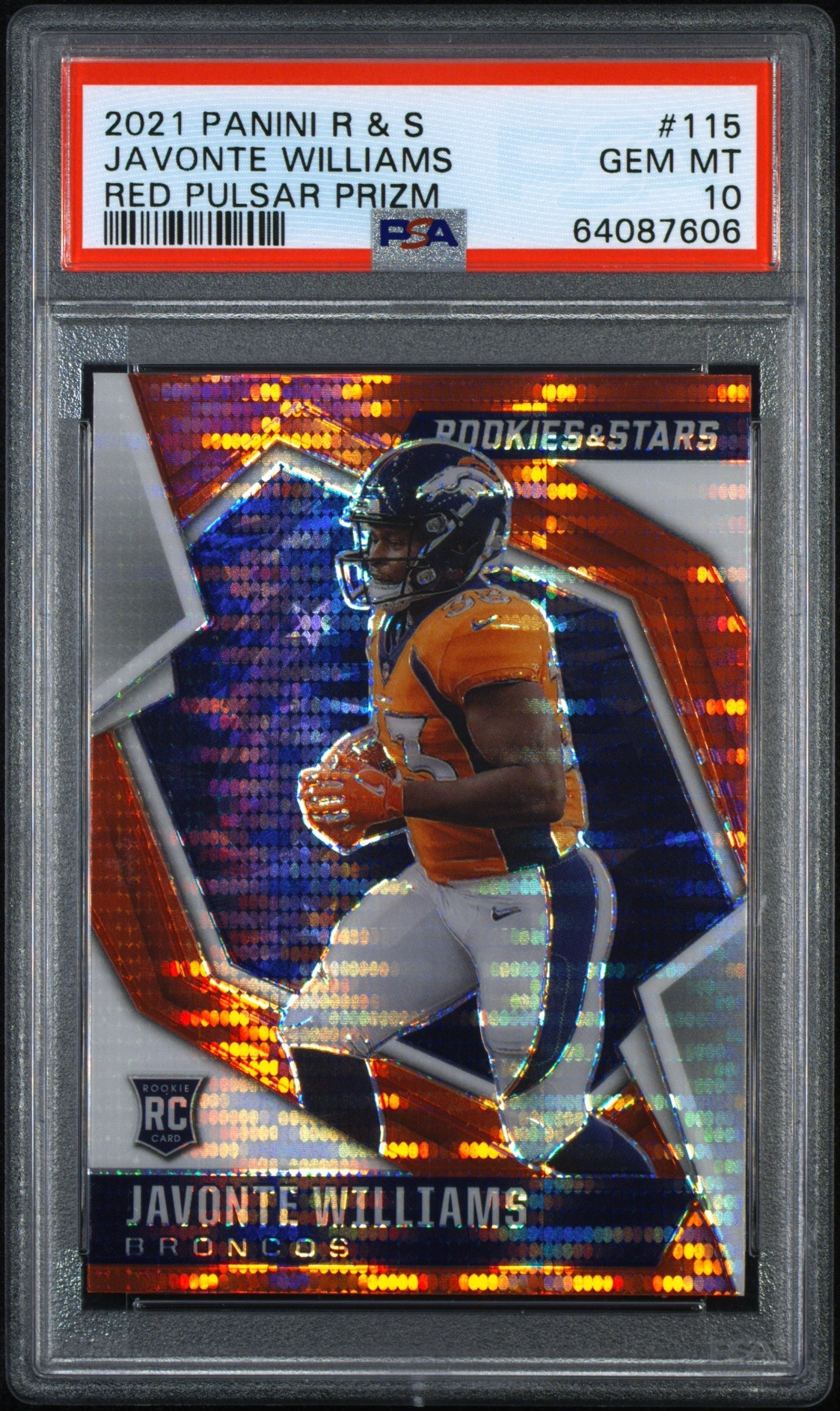 64087606 Javonte Williams 2021 Rookies & Stars Red Pulsar Prizm Rookie Card #115 PSA 10 - Image 1