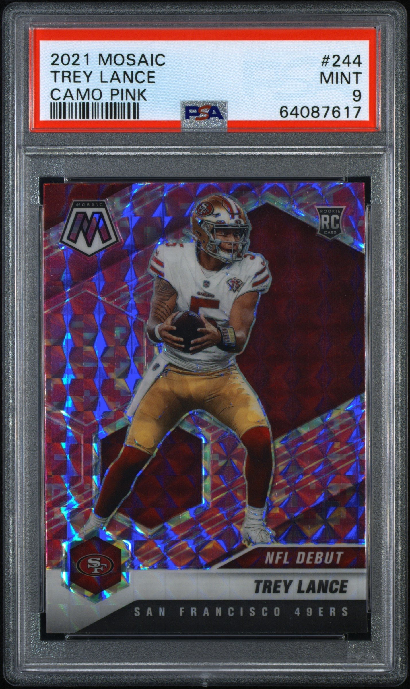 64087617 Trey Lance 2021 Mosaic NFL Debut Camo Pink Prizm RC Rookie Card #244 PSA 9 Mint - Image 1