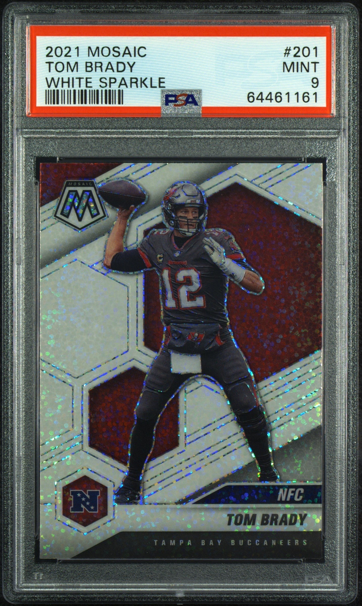 64461161 Tom Brady Buccaneers 2021 Mosaic White Sparkle Prizm Card #201 PSA 9 Mint - Image 1