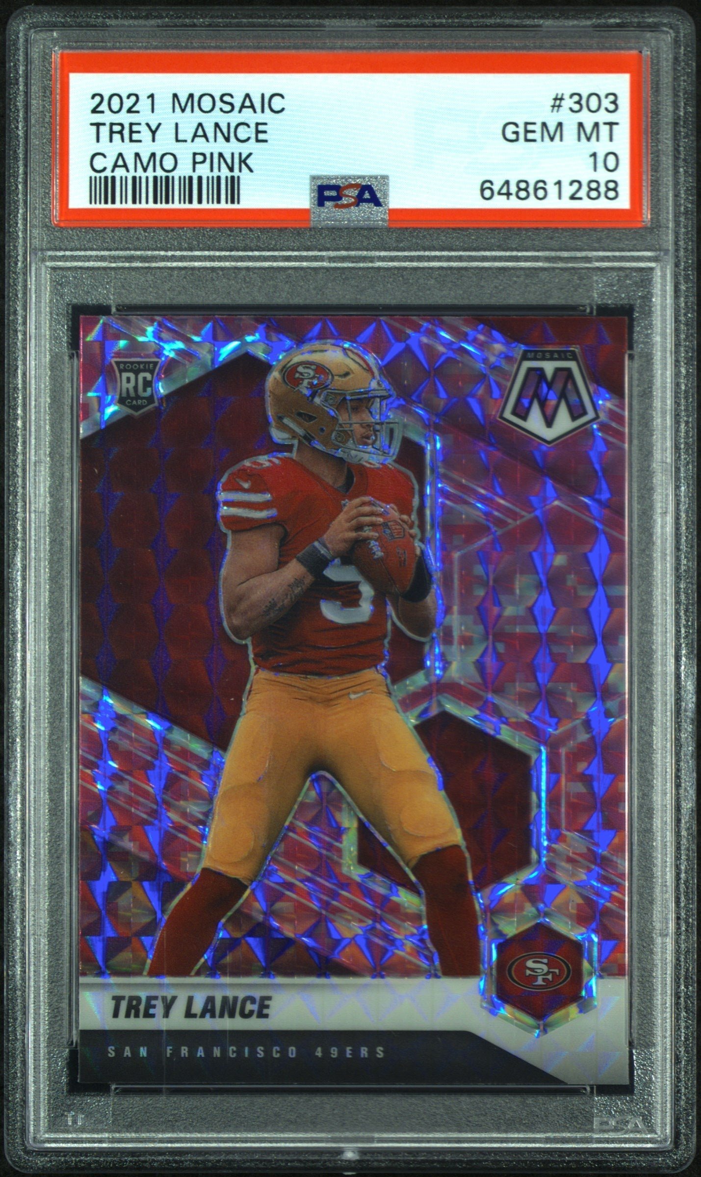 64861288 Trey Lance 49ers 2021 Mosaic Camo Pink Prizm Rookie Card #303 PSA 10 Gem Mint - Image 1